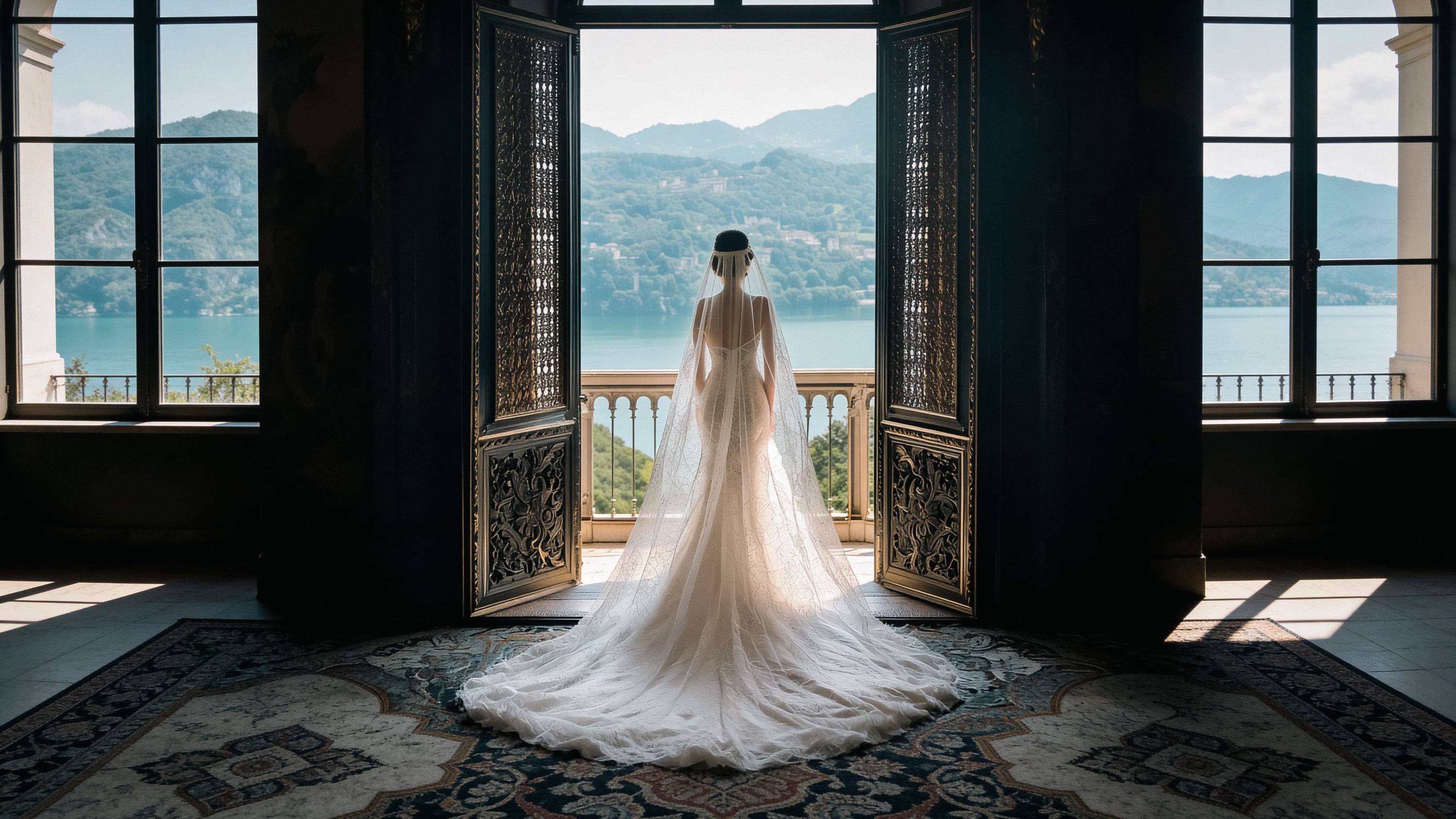 Bride in a historic Italian villa overlooking the lake at golden hour, luxury destination wedding in Italy
